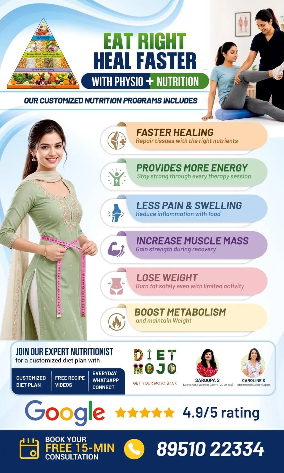 Nutrition and physiotherapy Bangalore — Eat Right Heal Faster with Physio + Nutrition. Pro Physiotherapy JP Nagar 8th Phase in partnership with Diet Mojo nutritionists Saroopa S and Caroline S for faster tissue healing, more energy, less pain, muscle mass, weight loss and metabolism boost. Google 4.9 star rating with 911 plus reviews.