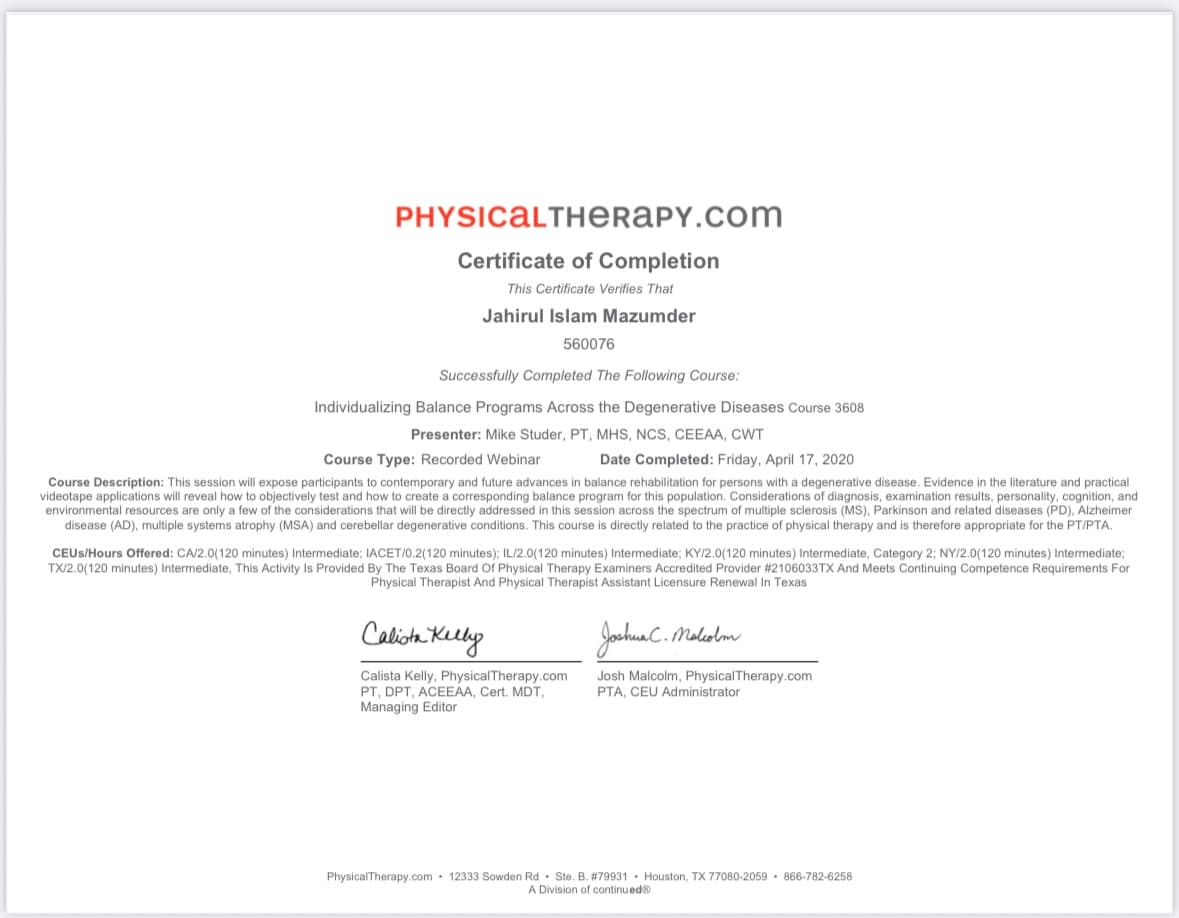 PhysicalTherapy.com CEU certificate — Individualizing Balance Programs Across the Degenerative Diseases — Dr J Mazumdar PT Bangalore