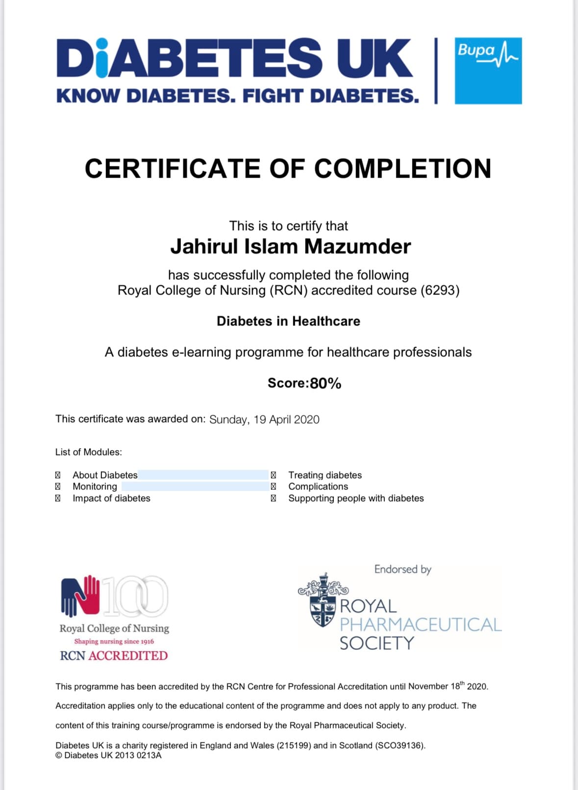 Diabetes UK / Bupa RCN-accredited certificate — Diabetes in Healthcare — Dr J Mazumdar PT Bangalore