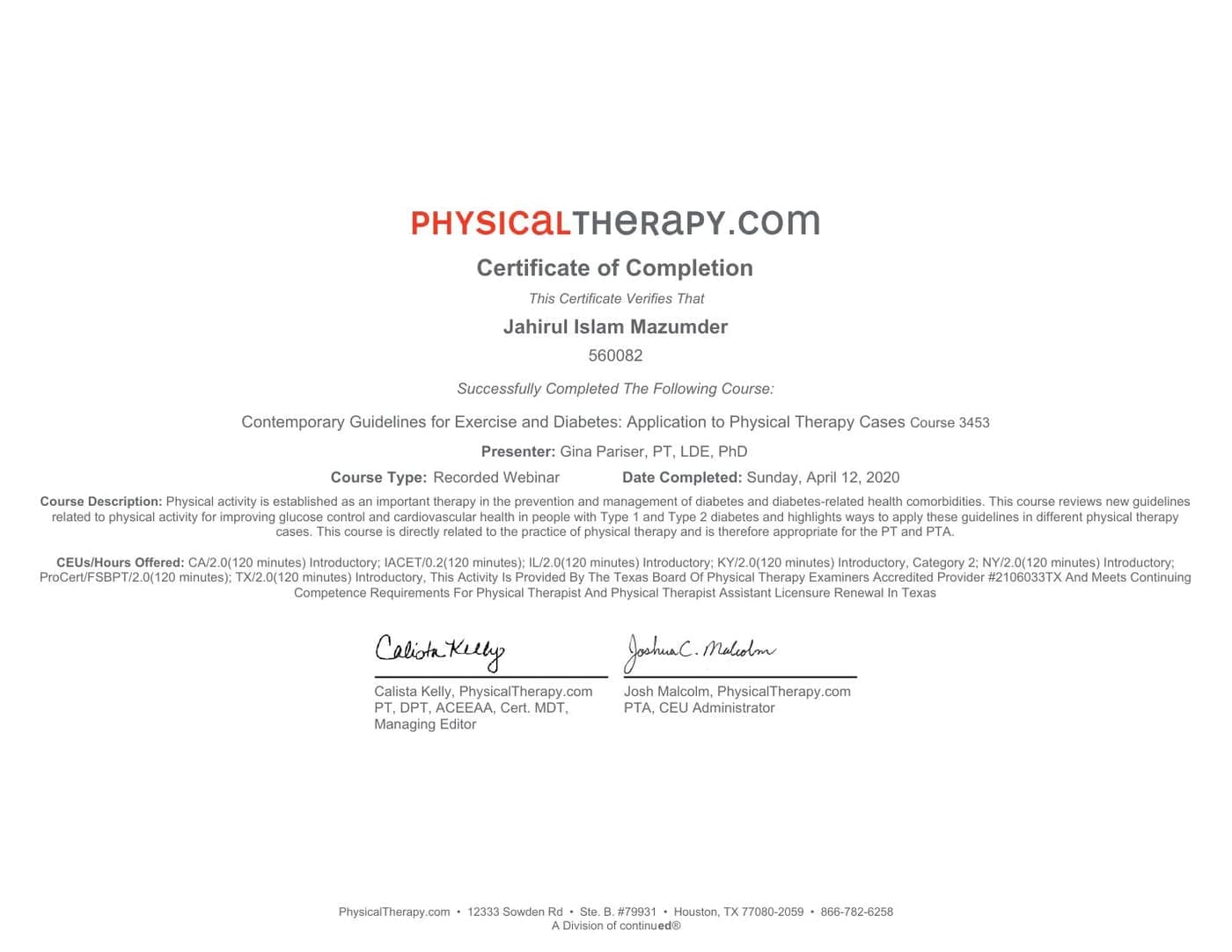 Exercise programme for diabetes and HbA1c control CME certificate — Dr J Mazumdar PT Bangalore