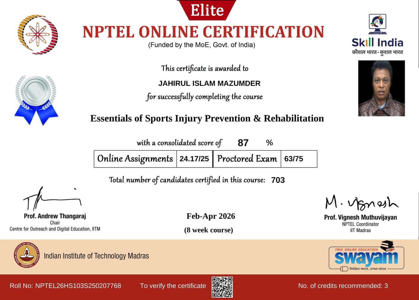 IIT Madras NPTEL Sports Injury Prevention and Rehabilitation certificate — Dr J Mazumdar PT Bangalore