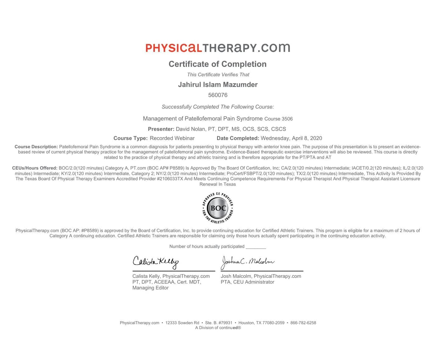 Patellofemoral pain (runner's knee) CME certificate — Dr J Mazumdar PT Bangalore