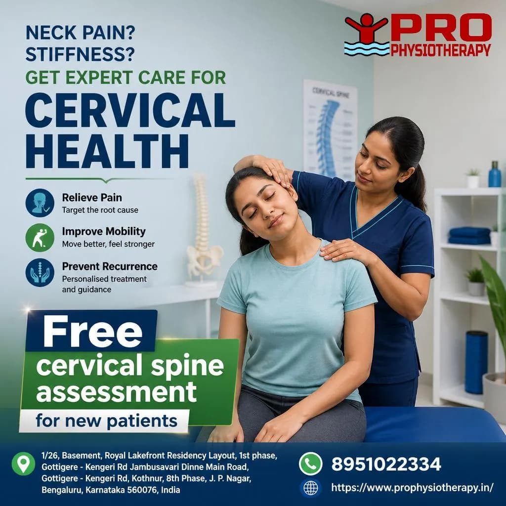 Free Cervical Spine Assessment for New Patients — Pro Physiotherapy JP Nagar Bengaluru Free cervical spine assessment for new patients in Bangalore — Pro Physiotherapy JP Nagar 8th Phase clinic, female MPT physiotherapist performing manual cervical spine mobilisation and neck stiffness relief on a smiling patient, cervical health, neck pain and cervical spondylosis expert care by Dr J Mazumdar