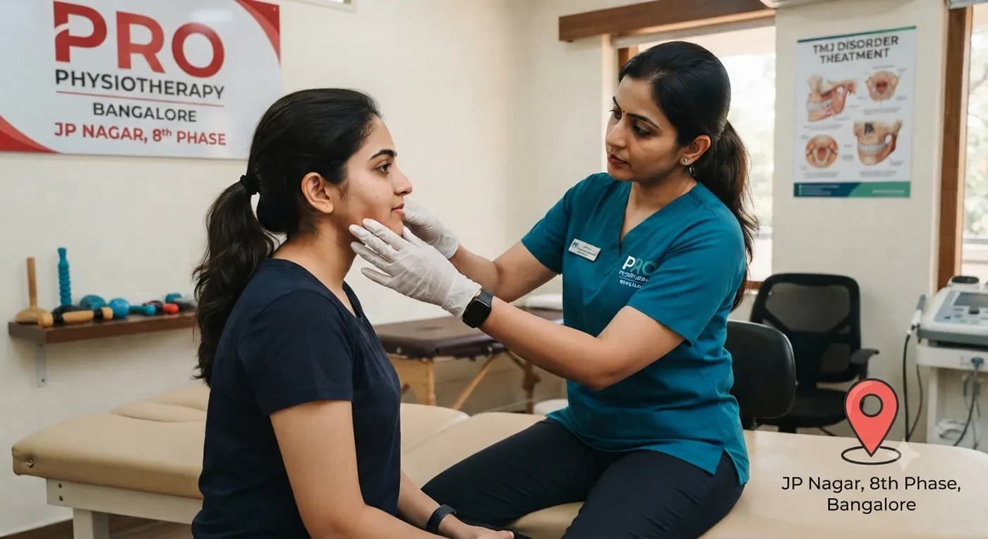 TMJ Physiotherapy in Bangalore | 7-Step Jaw Pain Recovery | Pro Physiotherapy JP Nagar TMJ Physiotherapy in Bangalore — Pro Physiotherapy JP Nagar 8th Phase clinic, female MPT physiotherapist performing gloved intra-oral and extra-oral jaw joint assessment on a seated female patient with clicking, lockjaw and temporomandibular joint pain, TMJ disorder treatment poster in background