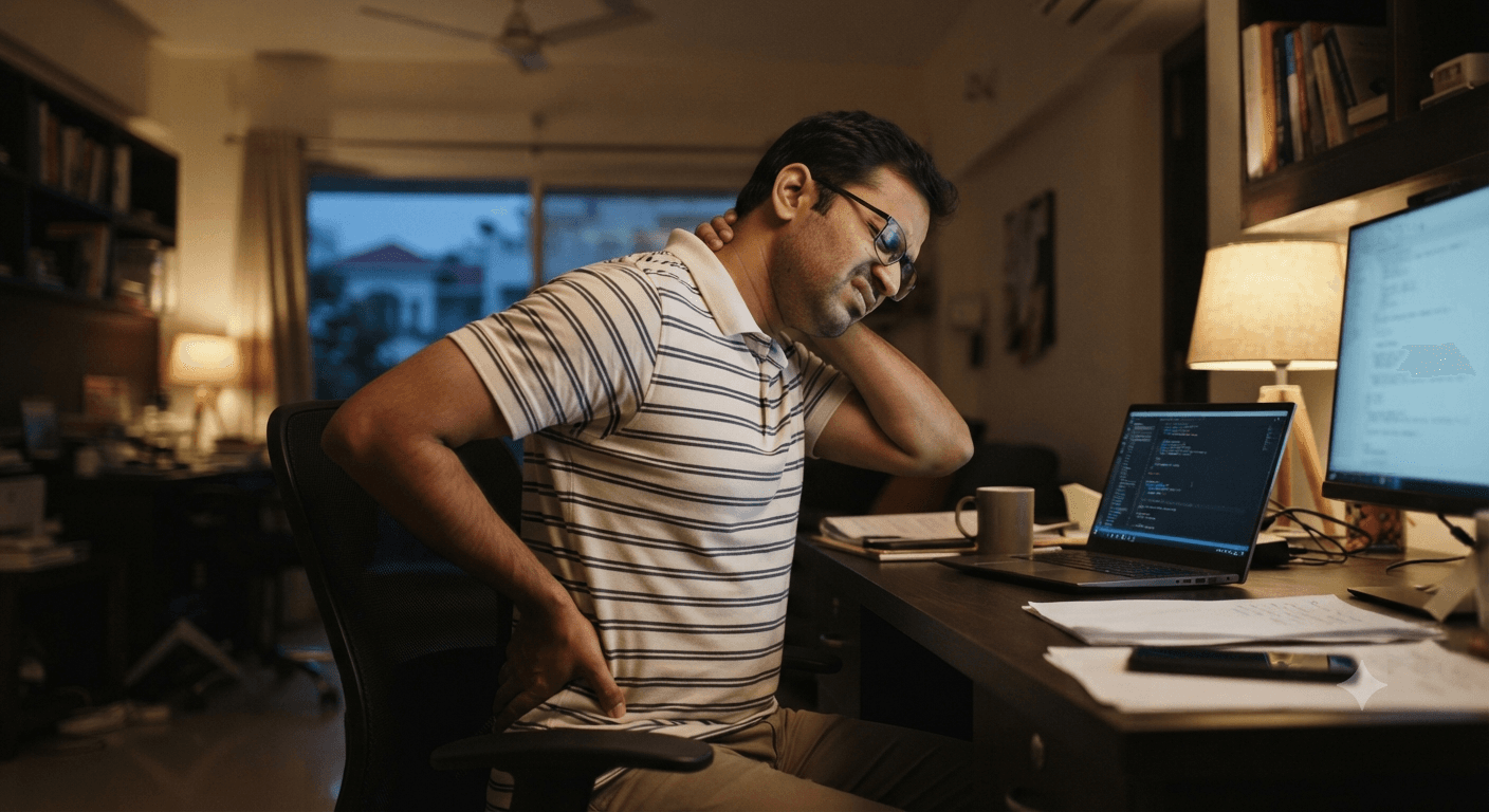 Back pain physiotherapy near me Bangalore — WFH lower back pain Bangalore work-from-home professional experiencing lower back pain at home desk near traffic map searching back pain physiotherapy near me Bangalore