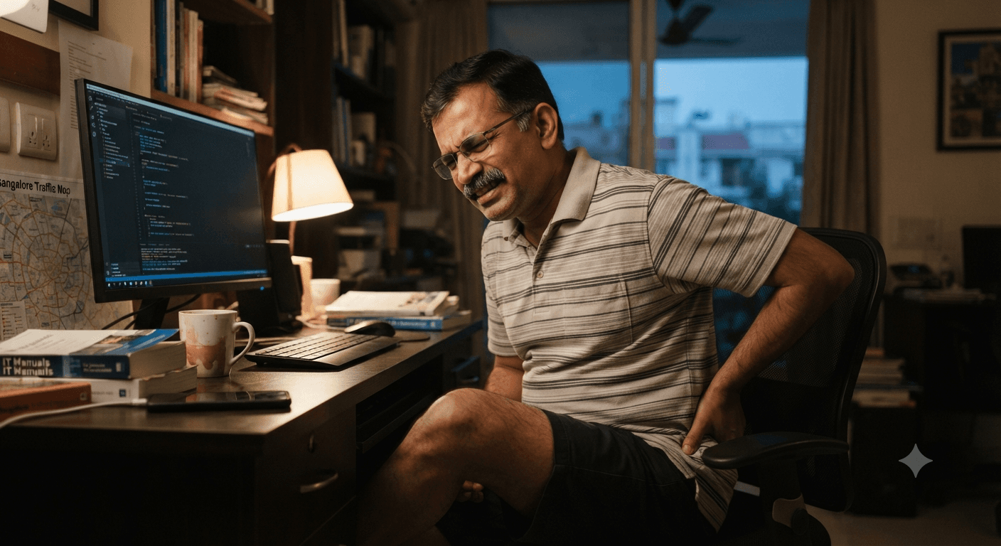 ಬೆಂಗಳೂರುದಲ್ಲಿ ಐಟಿ ವೃತ್ತಿಪರ, ನಿರಂತರ ಪರದೆ ಕೆಲಸದಿಂದ ಕುತ್ತಿಗೆ ಮತ್ತು ಕೀಲು ನೋವು ಅನುಭವಿಸುತ್ತಿದ್ದಾರೆ — ನನ್ನ ಹತ್ತಿರ ಫಿಜಿಯೋಥೆರಪಿ ಹುಡುಕುತ್ತಿದ್ದಾರೆ.