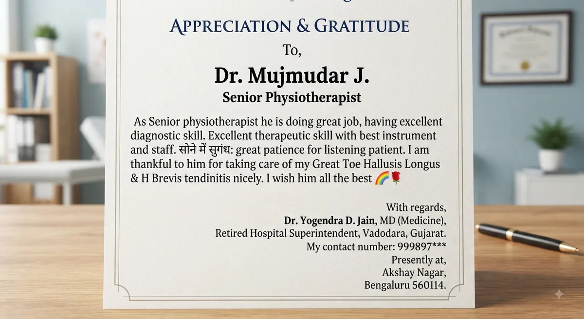 Dr. Yogendra D. Jain appreciating Dr. J. Mazumdar, Senior Physiotherapist at Pro Physiotherapy Bengaluru for treating Great Toe Hallux Longus and H. Brevis tendinitis.